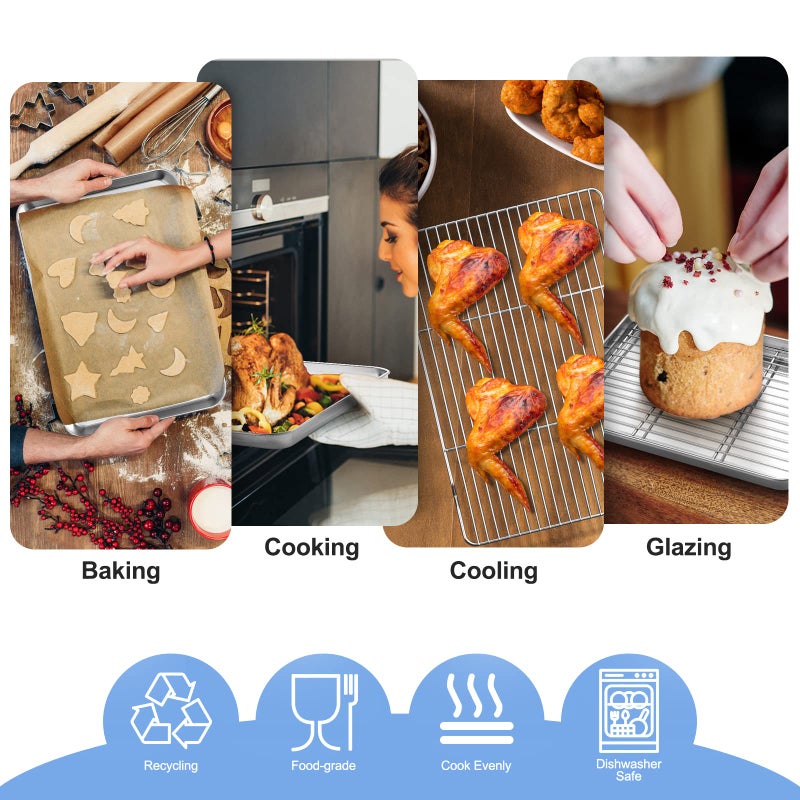 Zacfton Baking Sheet with Wire Rack Set  Zacfton Stainless Steel Cookie Sheet Baking Pan Toaster Oven Tray with Cooling Rack  12.4 x 10 x 1 Inch Quarter Sheet Pan - Non Toxic & Dishwasher Safe - Image 5